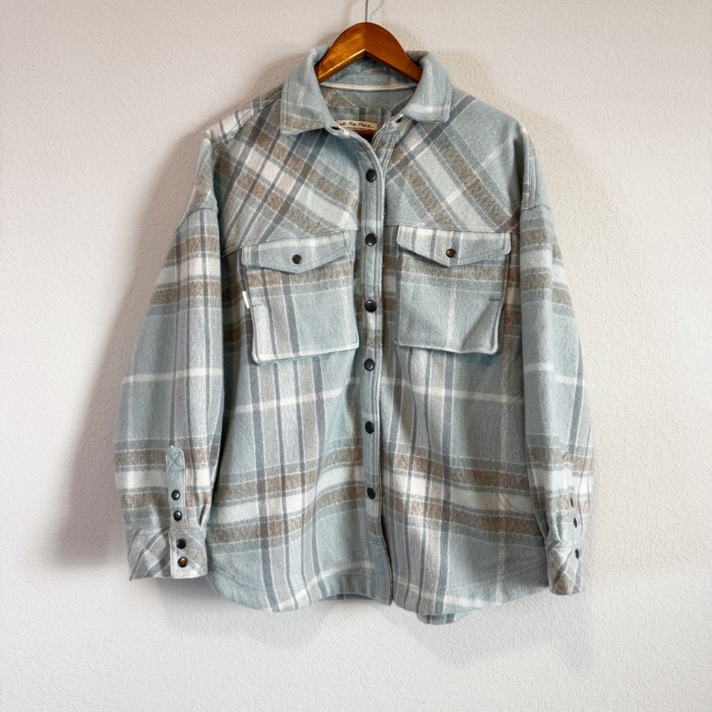 Free People We The Free Cabin Cozy Blue Seagram Plaid Button Down Shacket Size S
